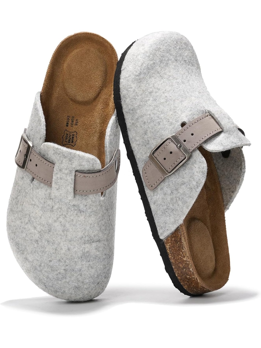 Women's Light Grey Wool Closed Toe Flat Slip On Benton Footbed Casual Mules Clog